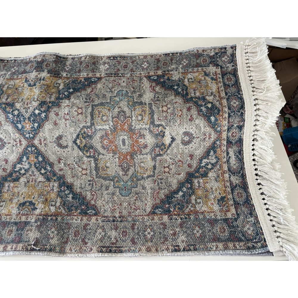 Ottomanson Nexus Collection Washable Runner Rug 2x7 Blue Orange Grey Fringe